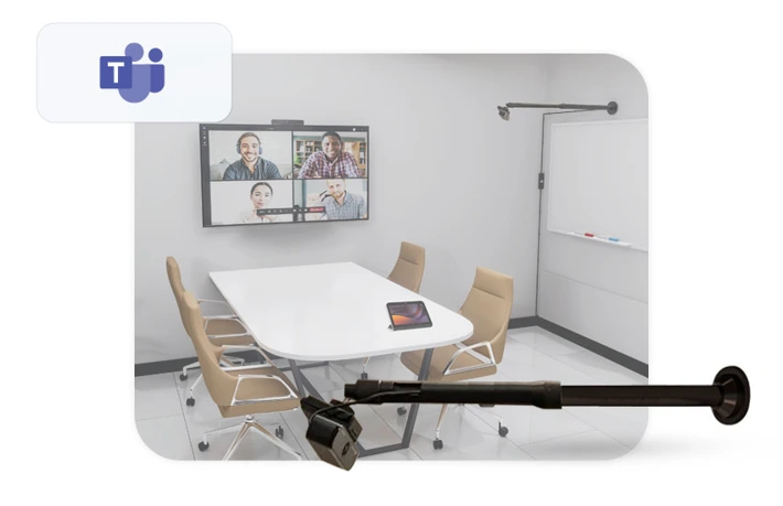 Teams Rooms Devices and Technology 24 Small meeting room with all-in-one Teams rooms on Android videobar and a physical whiteboard with a content (whiteboard) camera.
